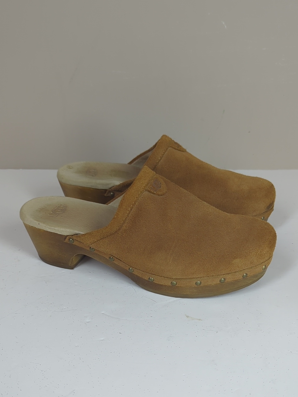 UGG Women's Tan Suede Clog Mules with Studded Wood Heel